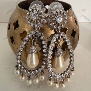 Elegant Vintage Costume Silver and Pearl Drop Earrings